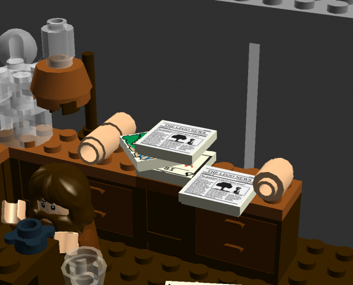 LEGO MOC - Потому что мы можем! - Д.И Менделеев: критическая температура: Здесь свёрнутый ватман, стопка газет и разных листовок и ещё один полу-ватман.