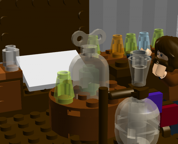 LEGO MOC - Потому что мы можем! - Д.И Менделеев: критическая температура: Какая-то большая колба на столе. Рядом стоит пузырёк с чем-то.