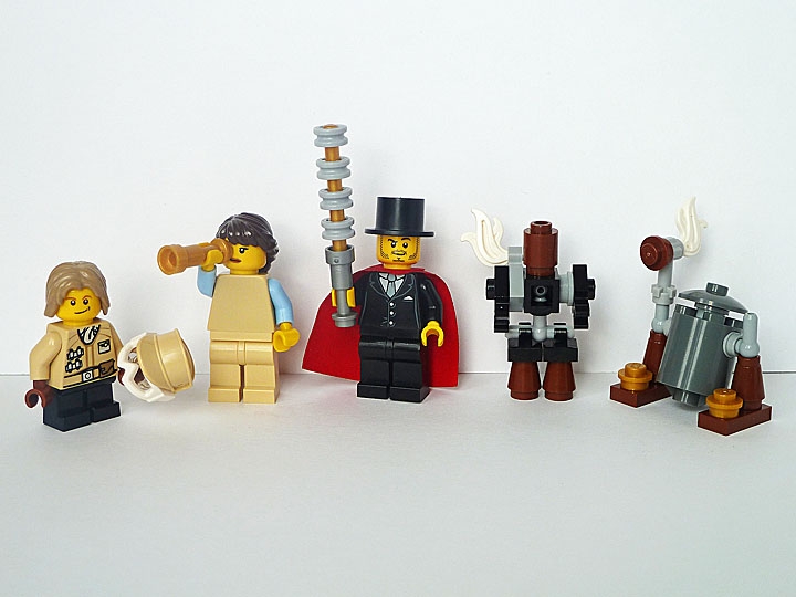 LEGO MOC - Steampunk Machine - Гоночная капсула Энакина: Минифигурки. Слева-направо: Энакин Скайуокер; его мама - Шми Скайуокер; сэр-джедай Квай-Гон Джинн со своим мечом; C-3PO и 'паровой котёл на ножках' R2-D2.