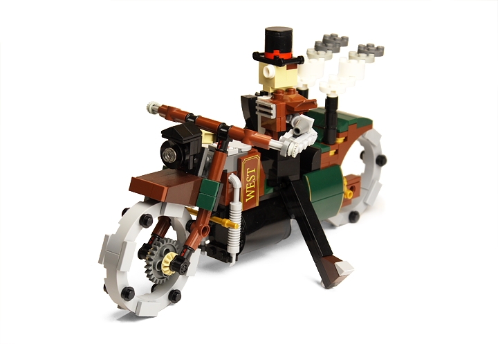 LEGO MOC - Steampunk Machine - Пароцикл Томаса Уатта (миниленд): Генератор вырабатывает достаточный электрический ток, чтобы питать лампу <br />
и электродинамическую подвеску колес.<br />
<br />
