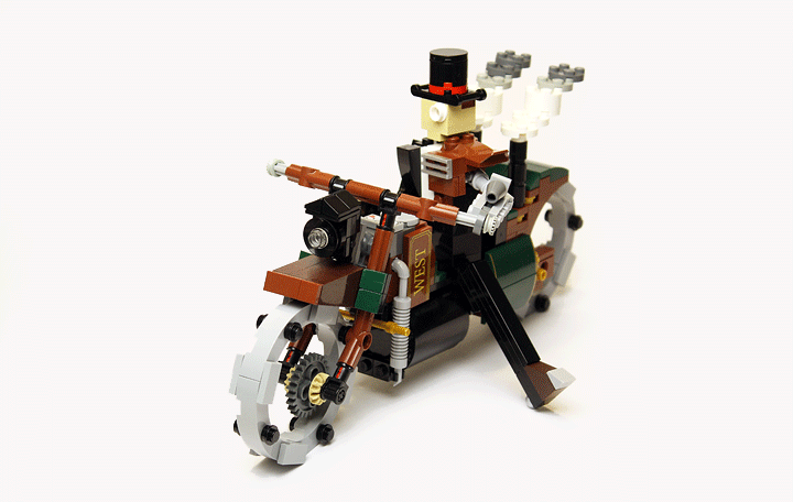 LEGO MOC - Steampunk Machine - Пароцикл Томаса Уатта (миниленд): Пароцикл Уатта с достоинством выдерживает все испытания, как и его хозяин.