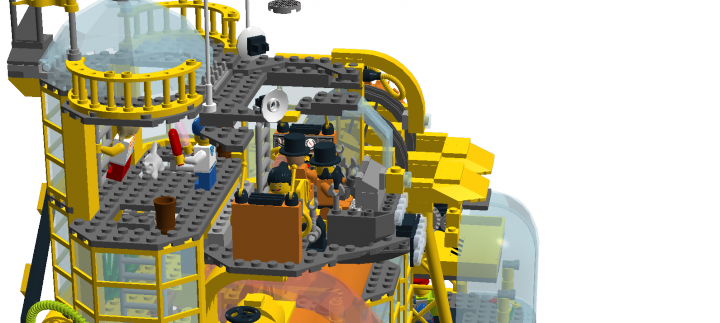 LEGO MOC - Steampunk Machine - Желтый дракон: голова работа2- виден капитан и его помощники, сбоку видны играющие дети