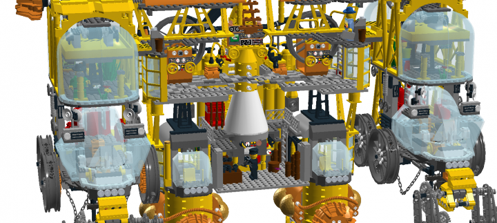 LEGO MOC - Steampunk Machine - Желтый дракон: Вот он - паровой двигатель... самое сердце желтого дракона. Внизу находится топка над которой находится большой резурвуар с водой, который после нагревания заставляет оживать два мощный паровых двигателя