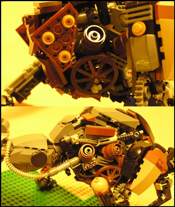 LEGO MOC - Steampunk Machine - Warning! Охотники!: 'Огромный паровой двигатель, с 6 цилиндрами  поддерживает жизнеспособность химеры. Что бы продолжать двигаться, химера поедает дерево и прочие горючие вещества'