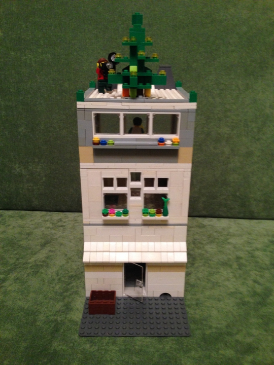 LEGO MOC - Новогодний Кубик 2014 - Прекрасный Новогодний Домик): Задний двор дома.Тут можно увидеть цветы в клумбах(клумбы подвешены под окнами),ящик с ненужными вещами и елка.