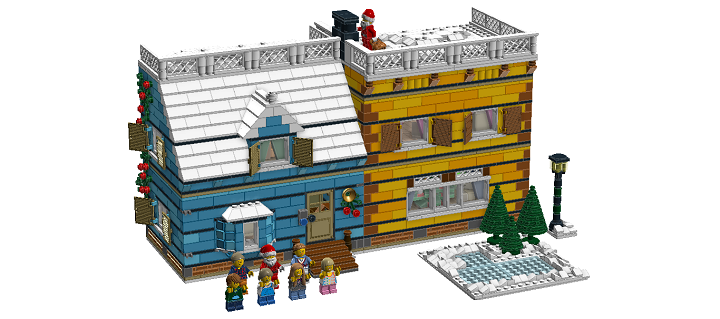 LEGO MOC - Новогодний Кубик 2014 - Новый Год в семейном доме: Общий вид вместе со всеми персонажами (Дед Мороз №1 не смог слезть с крыши, и поэтому для группового фото его подменил коллега №2).