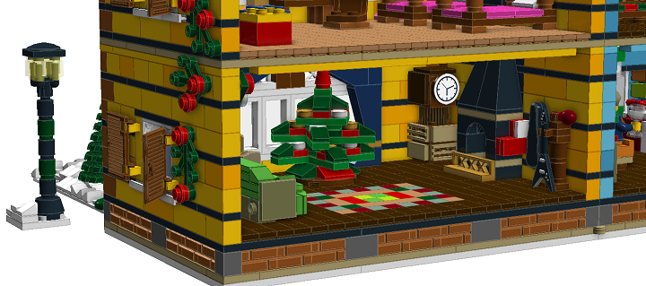 LEGO MOC - Новогодний Кубик 2014 - Новый Год в семейном доме: Зал с музыкальными инструментами, елкой (совершенно обыкновенной, натуральной елкой), удобным диваном и винтовой лестницей. На стенах висят гирлянды.