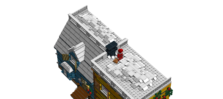 LEGO MOC - Новогодний Кубик 2014 - Новый Год в семейном доме: Снежные горы на крыше и Дед Мороз готовый прыгнуть прямиком в камин, следуя примеру своего западного коллеги Санты.