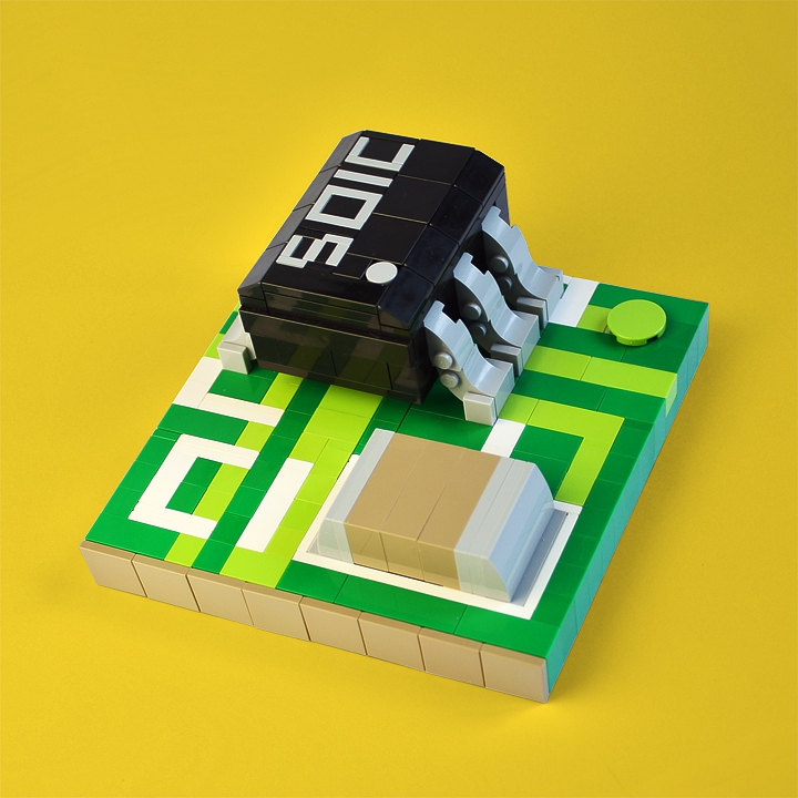 LEGO MOC - 16x16: Technics - Микросхема: <p align=left></i>                 Фрагмент двуслойной печатной платы в масштабе 20:1, на которой находится шестивыводная микросхема и чип-конденсатор. Плата покрыта защитной маской зеленого цвета, поверх методом шелкографии нанесена маркировка.
