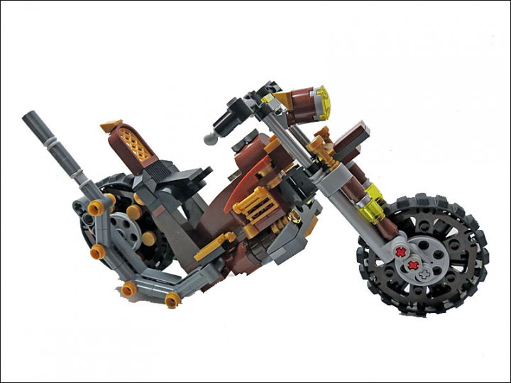 LEGO MOC - Мини-конкурс 'Lego Technic Motorcycles' - SteamBike 'AnSign': Вилка не оборудована амортизатором, но мягкость хода достигается за счет особого типа колес.