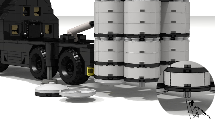 LEGO MOC - Конкурс LDD 'Военная техника XX-го века' - Зенитная ракетная система С-300ПС: Пуск ракеты осуществляется из вертикально расположенного транспортно-пускового контейнера. Ракета выбрасывается из контейнера катапультой, приводимой в действие при срабатывании порохового аккумулятора давления, на высоту около 20 метров.