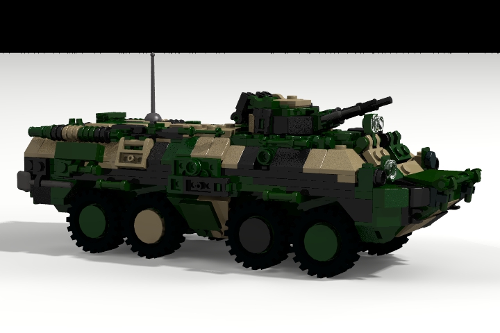 LEGO MOC - Конкурс LDD 'Военная техника XX-го века' - БТР-80: Вооружение БТР-80 составляет спаренная установка 14,5-мм пулемёта КПВТ и 7,62-мм ПКТ. Установка размещается на цапфах в лобовой части башни, её наведение в вертикальной плоскости, в пределах −4…+60°, осуществляется вручную при помощи винтового механизма, горизонтальная наводка осуществляется вращением башни.