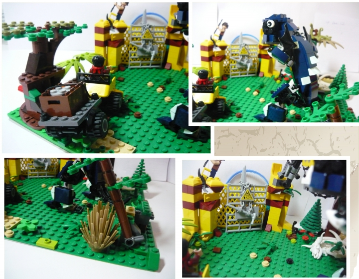 LEGO MOC - Мир Юрского периода - Атака разъяренного динозавра на лагерь охотников.: На этом фото, Вы можете более детально рассмотреть работу. Видны и деревья, кусты и рельеф, так же динозавр и внедорожник, и защищенные ворота на базу.