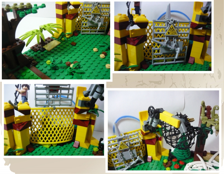 LEGO MOC - Мир Юрского периода - Атака разъяренного динозавра на лагерь охотников.: Теперь предлагаю перейти в рассмотрению самой базы или лагеря охотников на динозавров снаружи. Желтые стены с бардовыми полосами и торчащими кольями из них помогают при обороне. Вход закрыт прочной железной решеткой, с цепью и специальным знаком. Сверху на решетке так же есть металлический кол. Железная решетка поднимается, а за ней желтая сетка. Сбоку имеется манипулятор, что бы ловить маленьких динозавров и ящеров, а так же класть туда приманку.