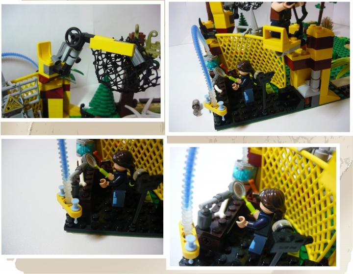 LEGO MOC - Мир Юрского периода - Атака разъяренного динозавра на лагерь охотников.: Теперь предлагаю рассмотреть базу изнутри. Там находится лаборатория по изучению останков динозавров и для разработки сывороток. Пол в этой лаборатории черный, есть стол с лупой и изучаемая кость, есть фотоаппарат для отслеживания экспериментов. Ближе к нам стоит держатель для шприцов и шланг к нему, прямо из бочки с сывороткой.