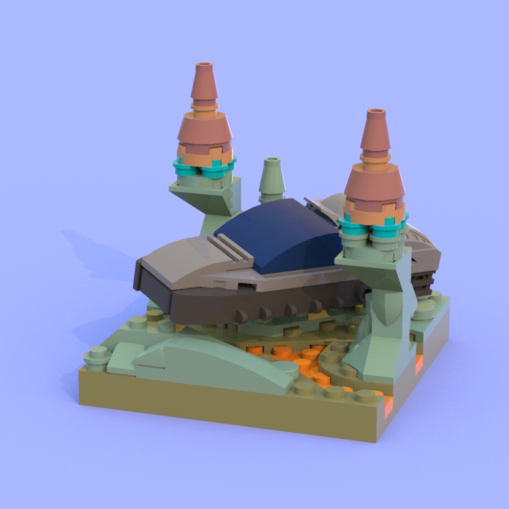 LEGO MOC - Битва Мастеров 'В кубе' - Пересечение ручья в каньоне: Кто откроет ЛДД файл, найдёт сюрприз на днище ховеркара, который отрендерить не получилось.