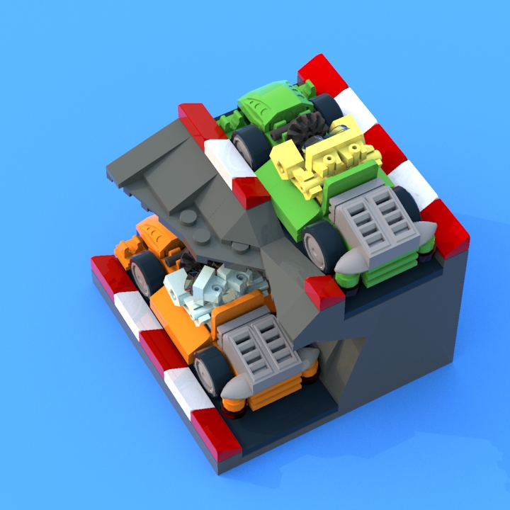 LEGO MOC - Битва Мастеров 'В кубе' - Гонки роботов на картингах: Дорогу получилось сделать лишь немногим шире картингов. Кстати, задействована старая-престарая деталь 2441 - Vehicle Base 4x7x2/3.