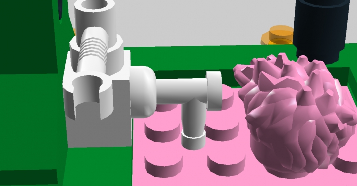 LEGO MOC - Битва Мастеров 'В кубе' - ФАБРИКА МОРОЖЕНОГО: Слева - краник, из которого мороженое наливается в большую ванну для мороженого. Оттуда мороженое попадает в краник, разливающий его по стаканчикам.