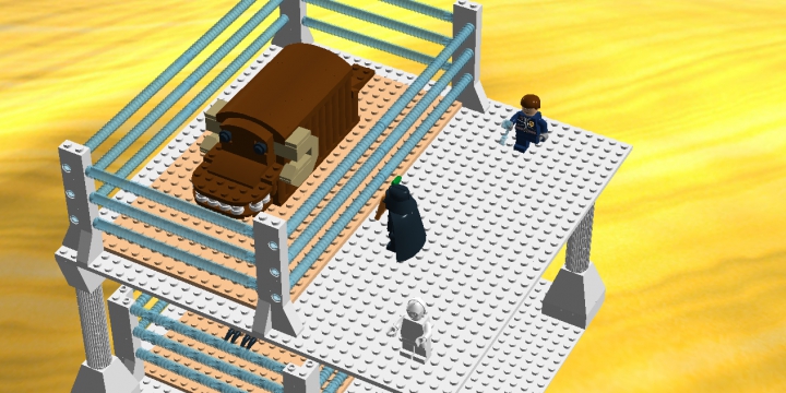 LEGO MOC - Инопланетная жизнь - Зоопарк Звёздных войн.: На верхнем этаже находится банта. На неё смотрит Дарт Вейдер. E-3P0 проходит мимо.