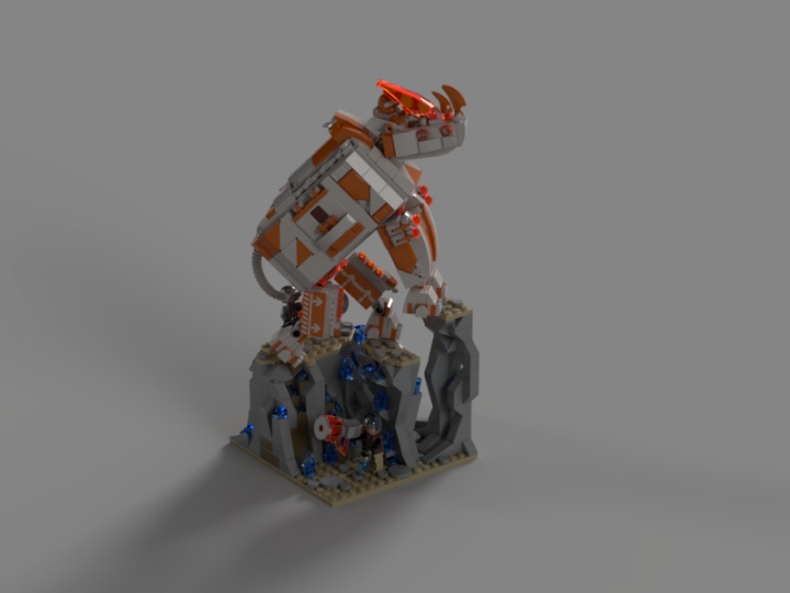 LEGO MOC - 16x16: Mech -  Мех 'Rhino 3.67': 23 июня 2167 года (по земному календарю) поступило сообщение о том, что транспортный корабль потерпел крушение и Рапниру придётся ждать не 10, а 15 лет, чтобы получить ресурсы. На планете участились грабежи. Гравиплазма, главный ресурс стала цениться ещё выше, чем прежде, ведь она заменяла населению электричество. Чтобы экономить ценный материал начали вводиться особые нормы его выдачи. А для охраны рудников приспособили тех самых мехов, что производились на заводах.