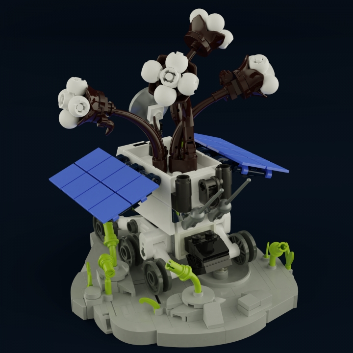 LEGO MOC - 16x16: Ботаника - Первые растения на Луне: </i></center> В маленьком контейнере, снабженном запасом воды и обогревательной системой, находились привезенные с Земли семена хлопчатника. В течение недели с момента начала эксперимента они проросли, однако ненадолго: низкие температуры и космическое излучение погубило растения.<center><i>