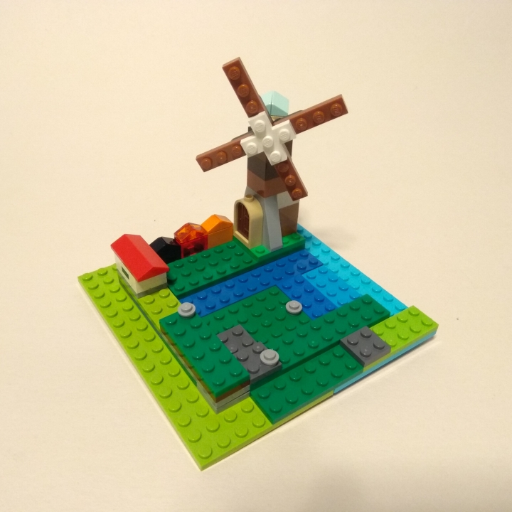 LEGO MOC - 16x16: Микро - Мельница у озера.: Серые кругляши - это рыбаки, идущие на рыбалку.:)