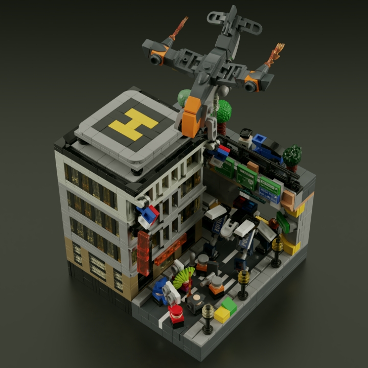 LEGO MOC - 16x16: Микро - Революция человечества. Рассвет и закат Детройта: </center></i><br><br />
При взгляде сверху на Коллинз-стрит и прилегающее к нему трёхэтажное здание отеля можно наблюдать парочку интересных деталей - например, зеваку, припарковавшего свой спорткар на тротуарной части эстакады, усаженной тщательно имитирующими настоящие искусственными деревьями, или же обратить внимание на пролетающий мимо реактивный <a href='https://deusex.fandom.com/wiki/VTOL'>СВВП</a>, принадлежащий косвенному виновнику происходящего на улицах - компании Дэвида Сарифа. Возможно, это единственный вариант выбраться с покрытой волной конфликтов улицы без последствий для себя...<br />
<i><center>