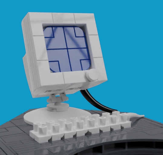 LEGO MOC - LEGO-конкурс 16x16: 'Все работы хороши' - Тяжела и неказиста...: Программисты - народ пугливый. Как видите, этот забрался под стол и предоставил нам возможность обозреть его рабочее место. Настоящему айтишнику компьютерная мышь без надобности!
