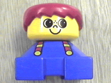 LEGO 2327pb20 Duplo 2 x 2 x 2 Figure Brick, Blue Base with suspenders, yellow head with smile and freckles above nose, red male hair