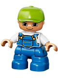LEGO 47205pb025 Duplo Figure Lego Ville, Child Boy, Blue Legs, White Top with Blue Overalls, Lime Cap, Freckles