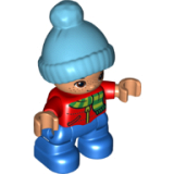 LEGO 47205pb051 Duplo Figure Lego Ville, Child Boy, Blue Legs, Red Top with Scarf and Zipper Pattern, Freckles, Brown Eyes, Medium Azure Bobble Cap