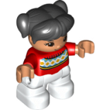 LEGO 47205pb052 Duplo Figure Lego Ville, Child Girl, White Legs, Red Fair Isle Sweater with Orange Diamonds, Brown Oval Eyes, Black Pigtails