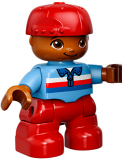 LEGO 47205pb061 Duplo Figure Lego Ville, Child Boy, Red Legs, Medium Blue Top with Zipper and Blue, Red and White Stripes, Red Cap, Rounded Eyes