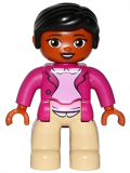 LEGO 47394pb214 Duplo Figure Lego Ville, Female, Tan Legs, Magneta Jacket and Pink Blouse Pattern, Black Hair, Brown Eyes