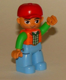 LEGO 47394pb244 Duplo Figure Lego Ville, Male, Medium Blue Legs, Orange Vest, Dark Green Plaid Shirt, Bright Green Arms, Red Cap, Freckles around Eyes