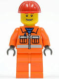 LEGO cty0034 Construction Worker - Orange Zipper, Safety Stripes, Orange Arms, Orange Legs, Red Construction Helmet, Eyebrows, Thin Grin with Teeth