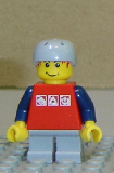 LEGO cty0147 Skateboarder, Red Shirt with Silver Logos, Dark Blue Arms, Light Bluish Gray Short Legs, Male Messy Red Hair