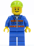 LEGO cty0295 Blue Jacket with Pockets and Orange Stripes, Blue Legs, Lime Short Bill Cap, Open Grin