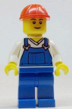 LEGO cty0340 Overalls Blue over V-Neck Shirt, Blue Legs, Red Construction Helmet