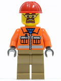 LEGO cty0366 Construction Worker - Orange Zipper, Safety Stripes, Orange Arms, Dark Tan Legs, Red Construction Helmet, Safety Goggles