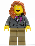 LEGO cty0370 Dark Bluish Gray Jacket with Magenta Scarf, Dark Tan Legs, Dark Orange Female Hair over Shoulder