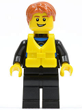 LEGO cty0469 Wetsuit with Blue Sign, Black Legs, Dark Orange Short Tousled Hair, Life Jacket Center Buckle, Open Grin