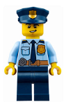 LEGO cty0743 Police - City Shirt with Dark Blue Tie and Gold Badge, Dark Tan Belt with Radio, Dark Blue Legs, Police Hat with Gold Badge, Lopsided Grin