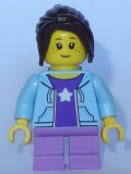 LEGO cty0782 City Bus Passenger - Bright Light Blue Hoodie, Medium Lavender Short Legs, Dark Brown Hair Ponytail Long with Side Bangs, Freckles