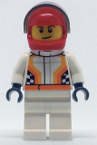LEGO cty0874 Race Car Driver, White Race Suit with Orange Stripes and Checkered Pattern, Red Helmet, Crooked Smile with Brown Dimple
