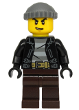 LEGO cty1133 Police - City Bandit Crook, Black Leather Jacket, Dark Bluish Gray Knit Cap, Dark Brown Legs