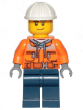 LEGO cty1154 Construction Worker - Male, Chest Pocket Zippers, Belt over Dark Gray Hoodie, Dark Blue Legs, White Construction Helmet, Stubble
