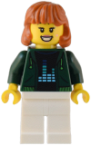 LEGO cty1542 Gaming Tournament Spectator - Female, Dark Green Hoodie with Bright Green Drawstrings, White Legs, Dark Orange Hair