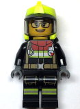 LEGO cty1544 Fire - Female, Black Jacket and Legs with Reflective Stripes and Red Collar, Neon Yellow Fire Helmet, Trans-Black Visor, Black Glasses