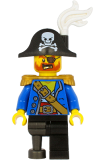 LEGO pi185 Pirate Captain - Bicorne Hat with Skull and White Plume, Pearl Gold Epaulette, Blue Open Jacket, Black Leg and Pearl Dark Gray Peg Leg